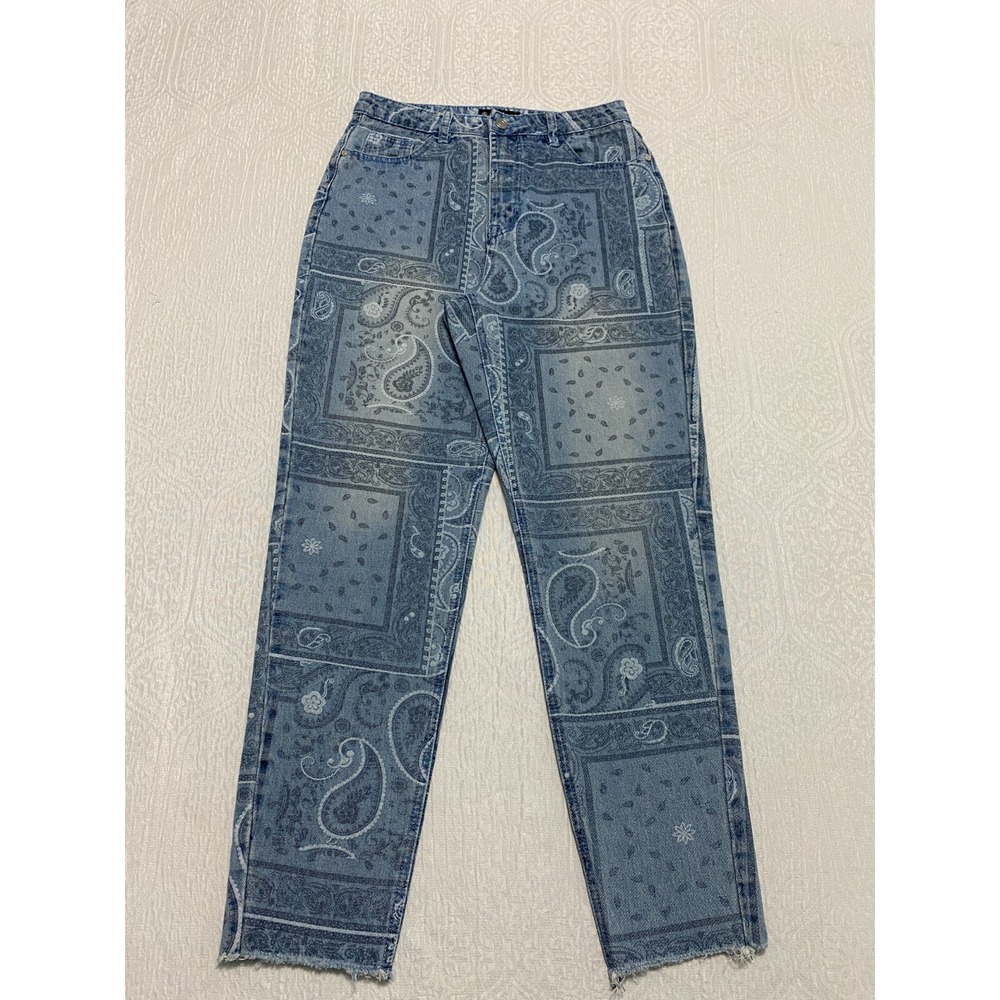 Missguided Riot High Rise Mom Jeans Womens 6 Blue Bandana Paisley Distressed